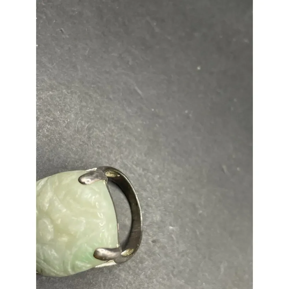 Vintage Carved Green Jade Silver Tone Statement Ring Size 9 Floral